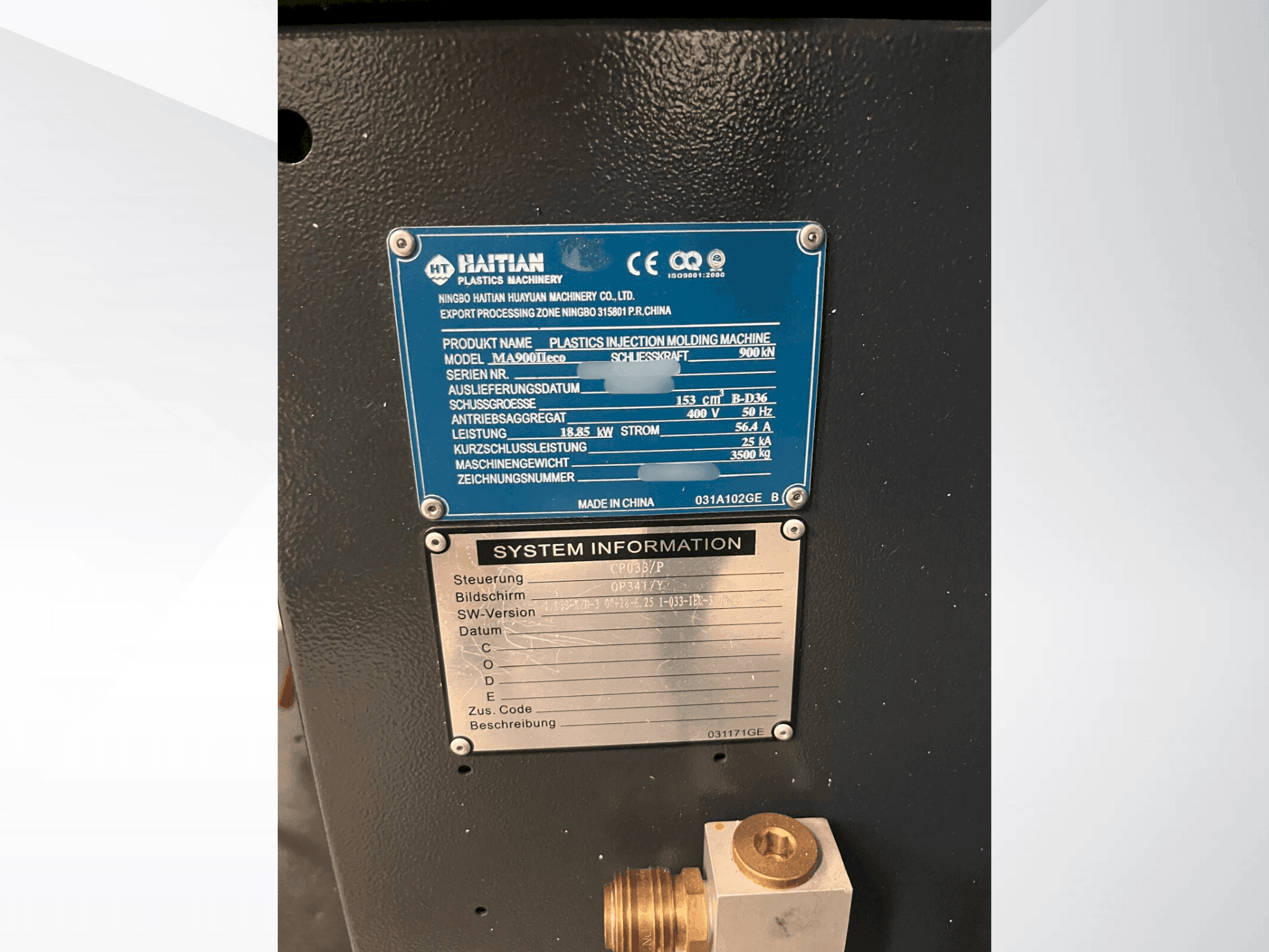 Plaque signalétique de la machine HAITIAN MA900 II eco